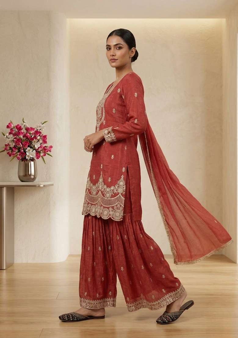 Red Embroidered Silk Sharara Set - Indya