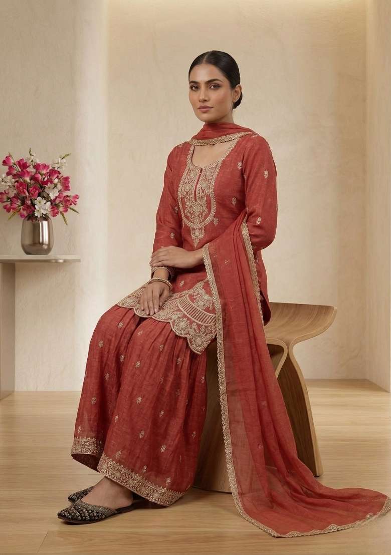 Red Embroidered Silk Sharara Set - Indya