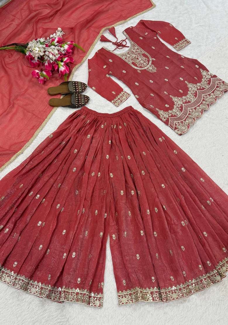 Red Embroidered Silk Sharara Set - Indya