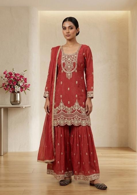 Red Embroidered Silk Sharara Set