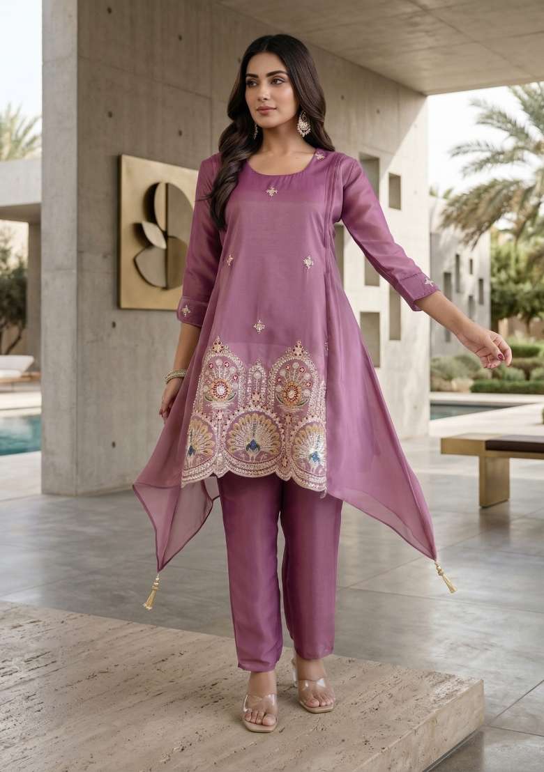 Pink Embroidered Silk Sharara Set - Indya