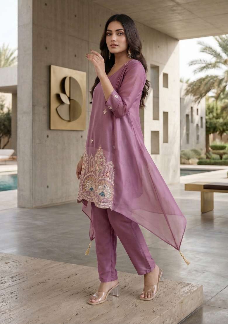 Pink Embroidered Silk Sharara Set - Indya