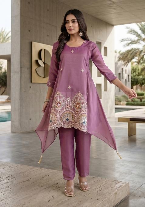 Pink Embroidered Silk Sharara Set