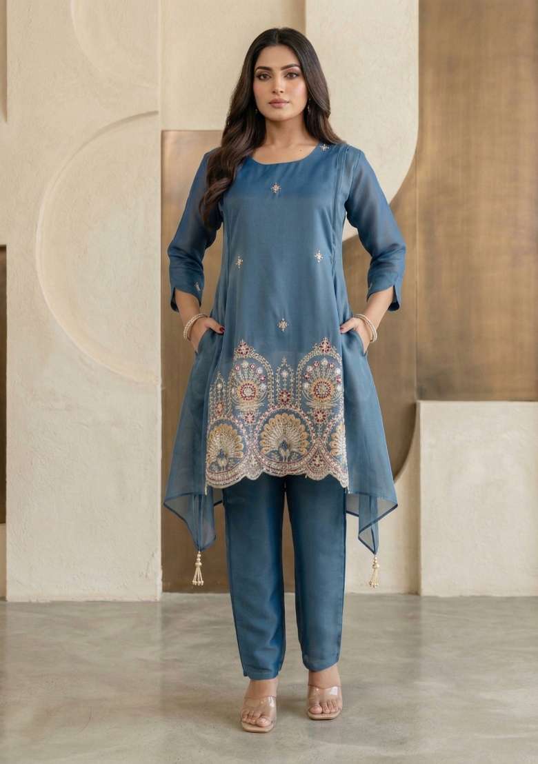 Blue Embroidered Silk Sharara Set - Indya
