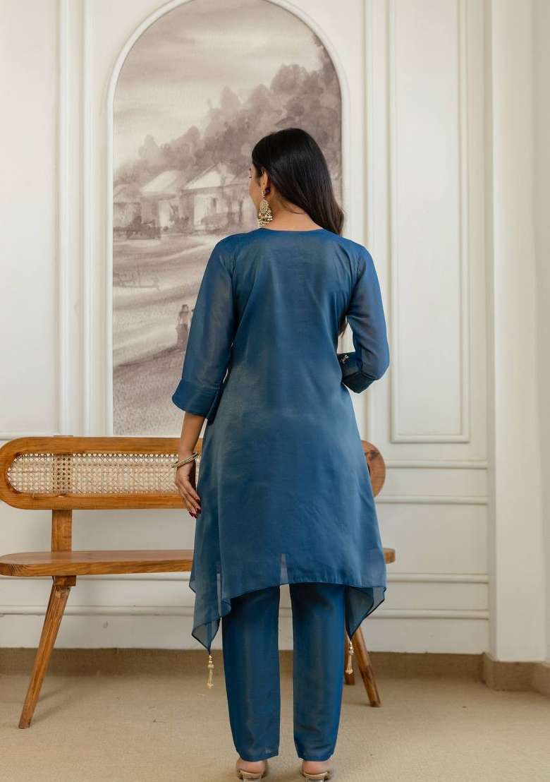 Blue Embroidered Silk Sharara Set - Indya
