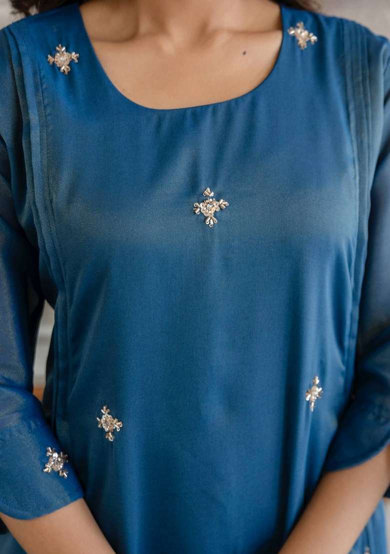 Blue Embroidered Silk Sharara Set - Indya
