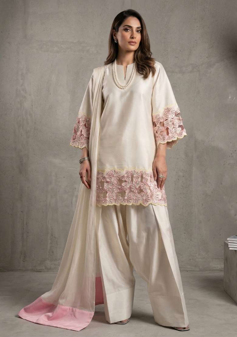 Ivory Embroidered Crepe Sharara Set - Indya