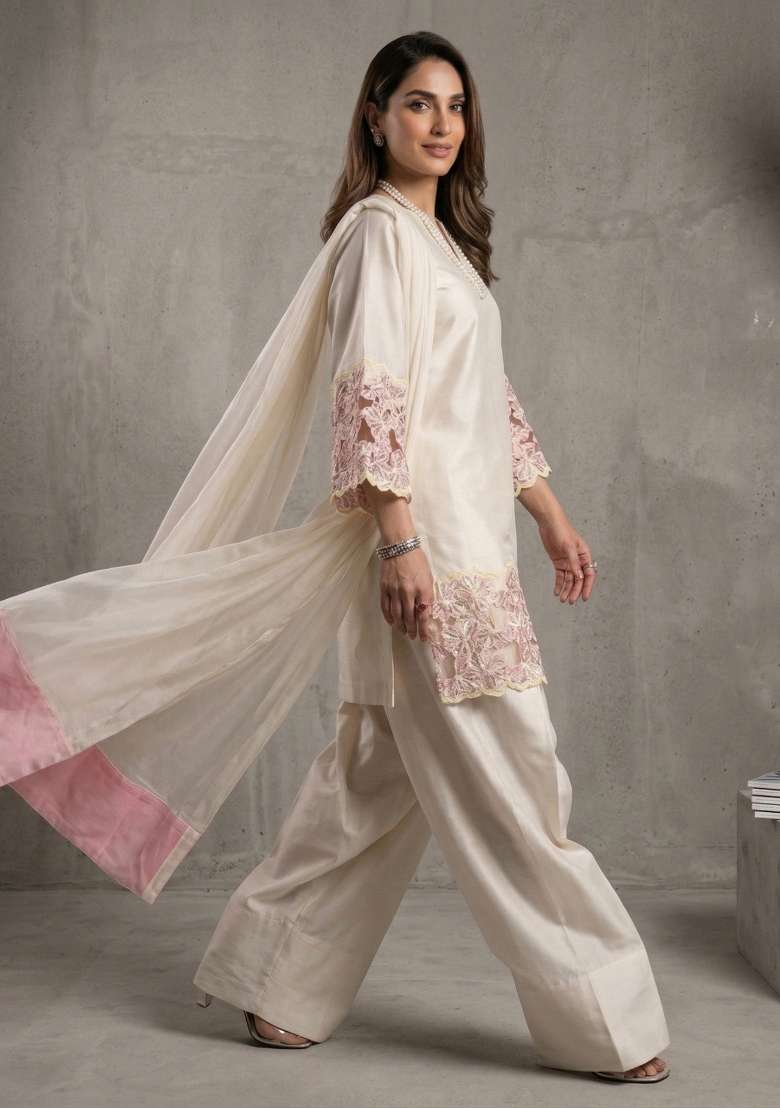 Ivory Embroidered Crepe Sharara Set - Indya