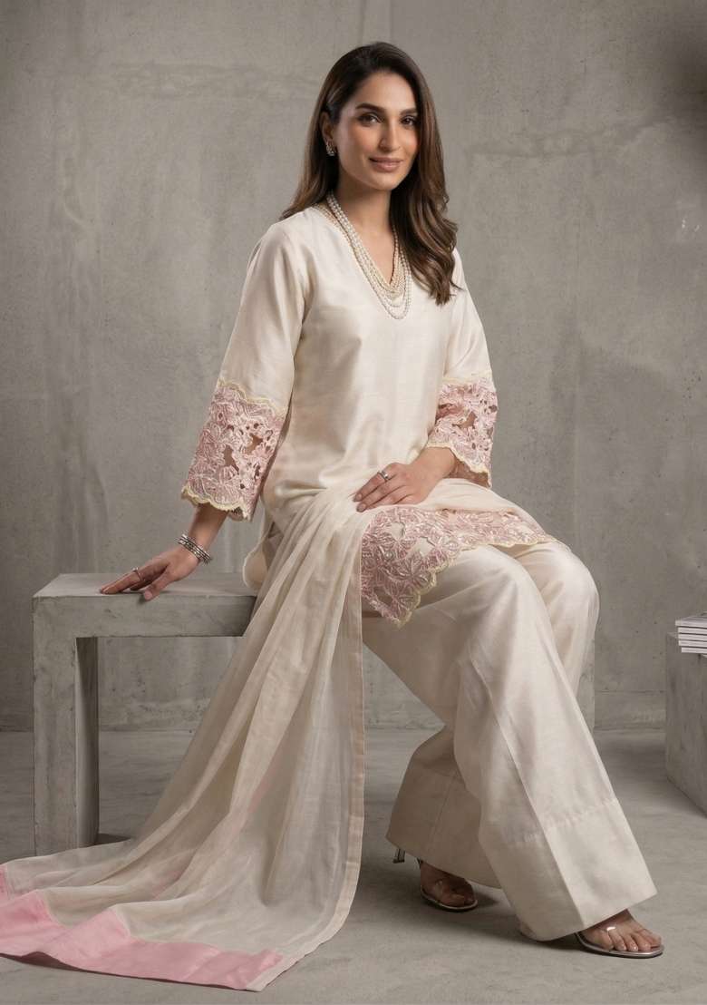 Ivory Embroidered Crepe Sharara Set - Indya