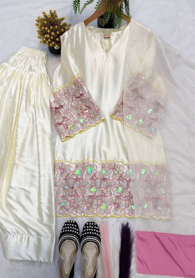 Ivory Embroidered Crepe Sharara Set - Indya
