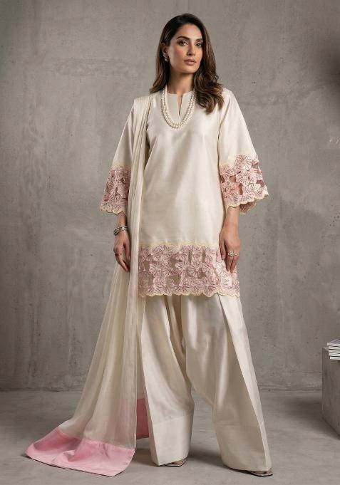 Ivory Embroidered Crepe Sharara Set