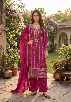 Pink Embroidered Crepe Sharara Set