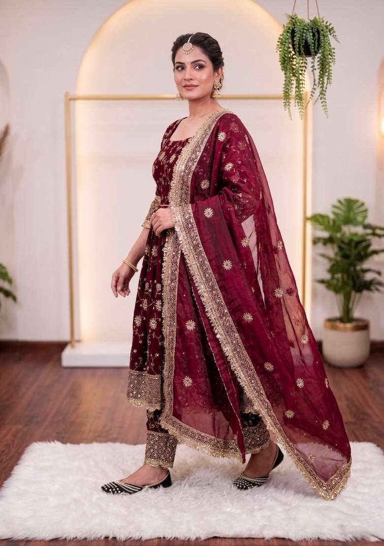 Maroon Embroidered Silk Sharara Set - Indya