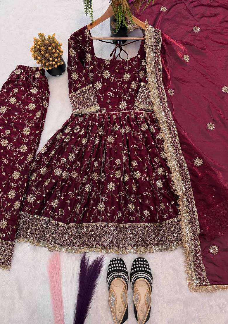 Maroon Embroidered Silk Sharara Set - Indya