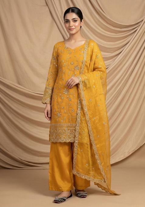 Yellow Embroidered Silk Sharara Set