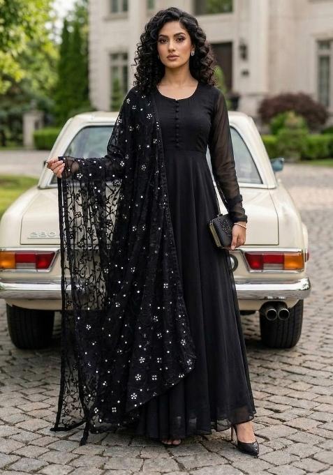 Black Embroidered Georgette Sharara Set