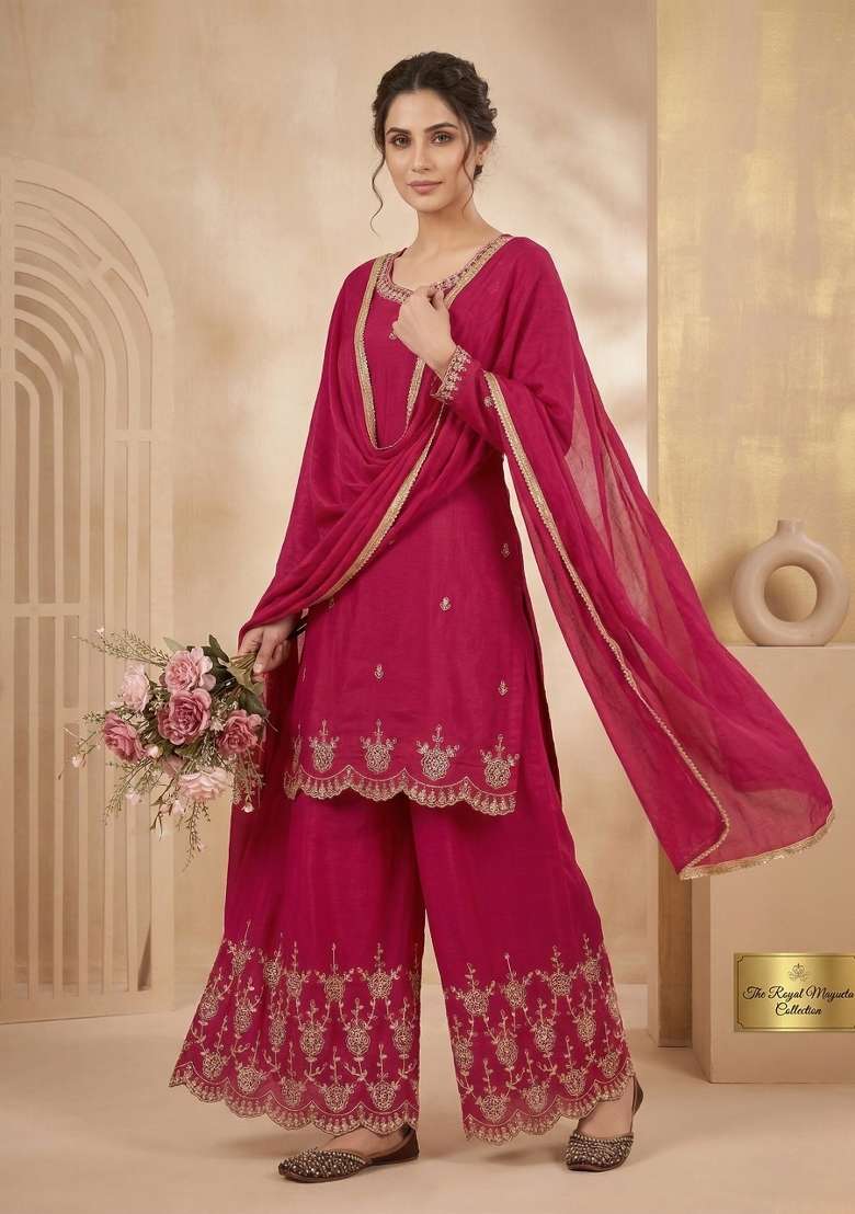 Pink Embroidered Silk Sharara Set - Indya