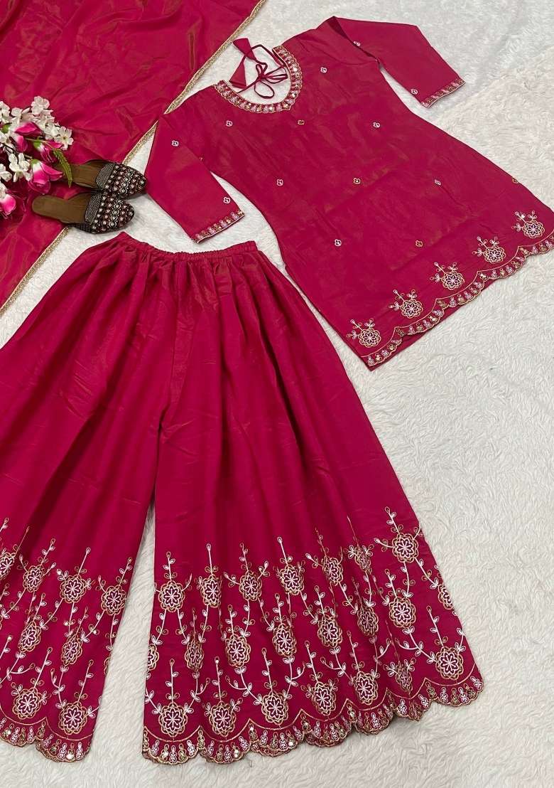 Pink Embroidered Silk Sharara Set - Indya