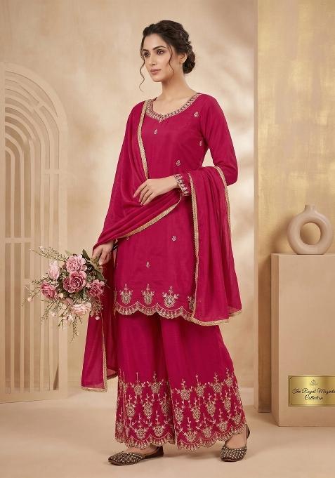 Pink Embroidered Silk Sharara Set