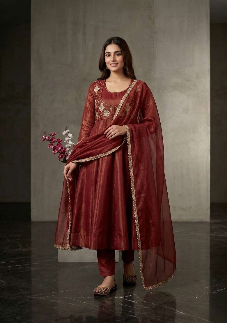 Bronze Embroidered Silk Sharara Set - Indya