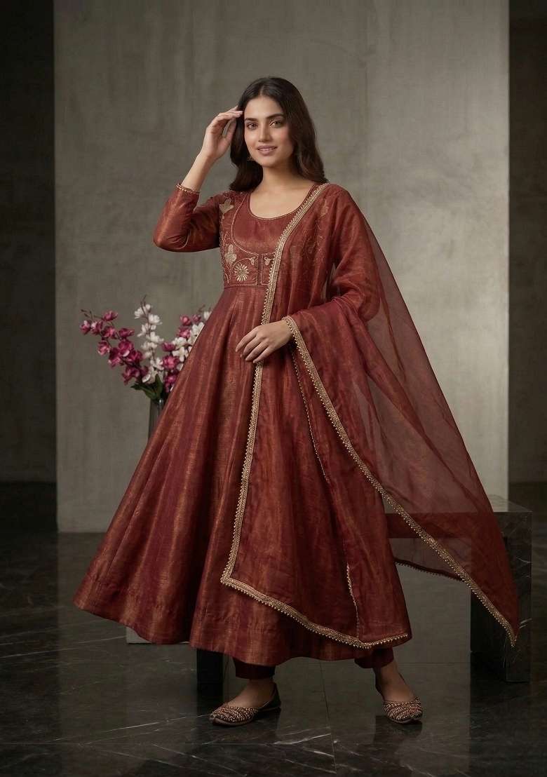 Bronze Embroidered Silk Sharara Set - Indya