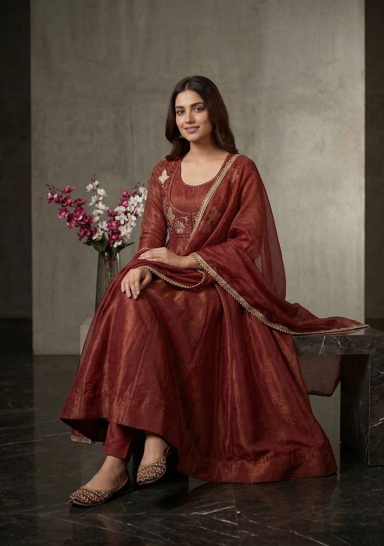 Bronze Embroidered Silk Sharara Set - Indya