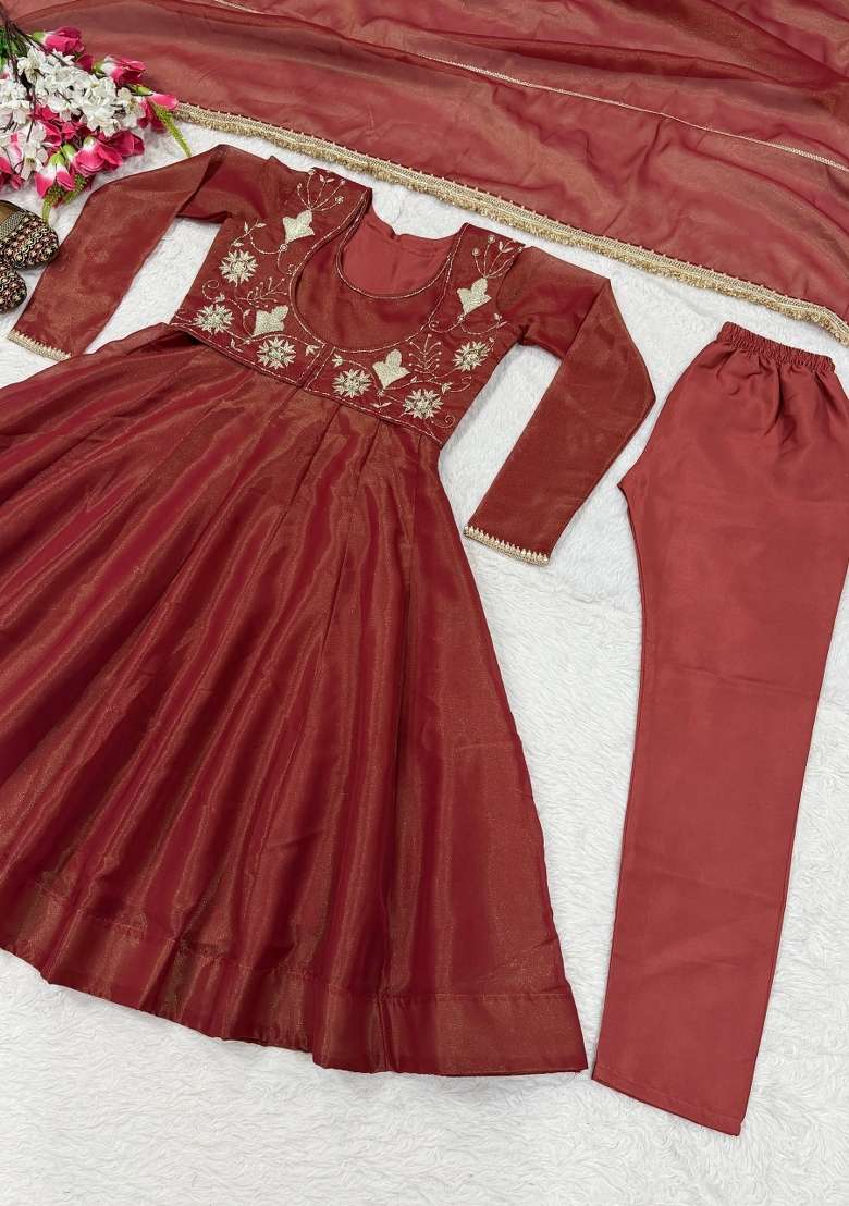 Bronze Embroidered Silk Sharara Set - Indya