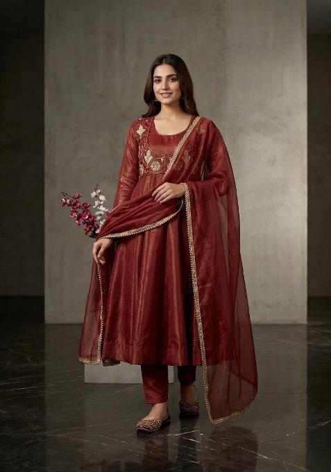 Bronze Embroidered Silk Sharara Set