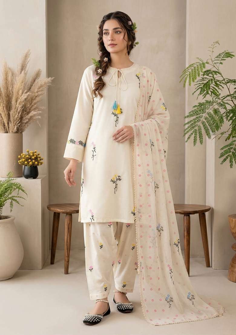 Ivory Embroidered Silk Sharara Set - Indya