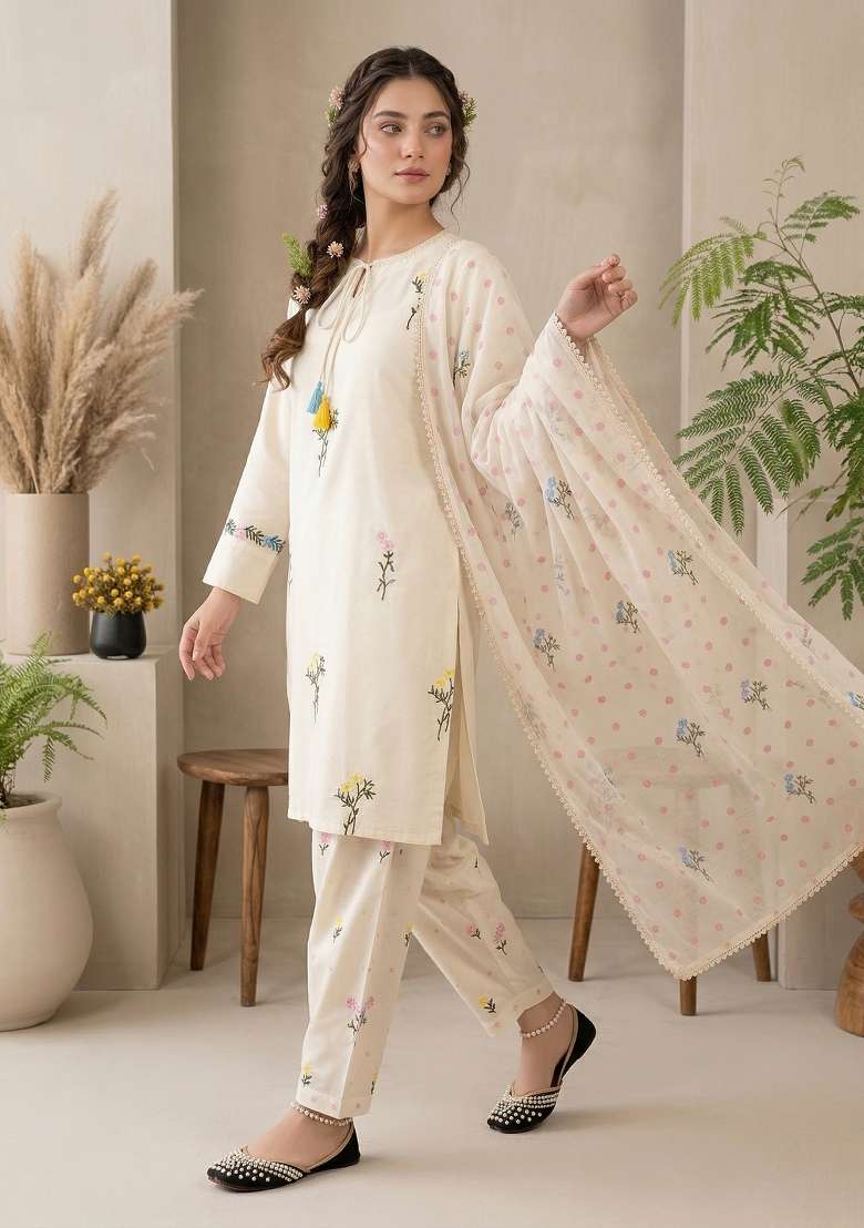Ivory Embroidered Silk Sharara Set - Indya