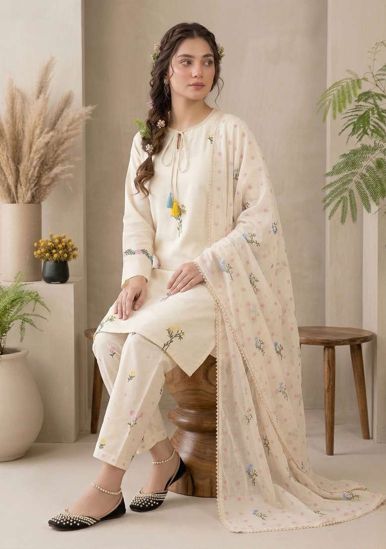 Ivory Embroidered Silk Sharara Set - Indya