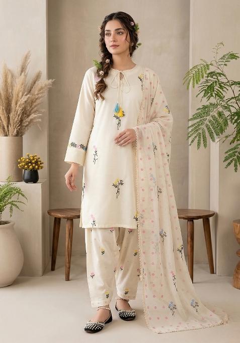 Ivory Embroidered Silk Sharara Set