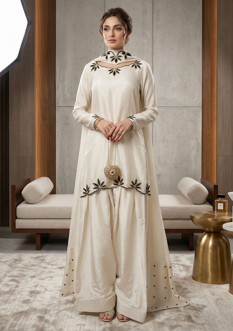 White Embroidered Crepe Sharara Set - Indya
