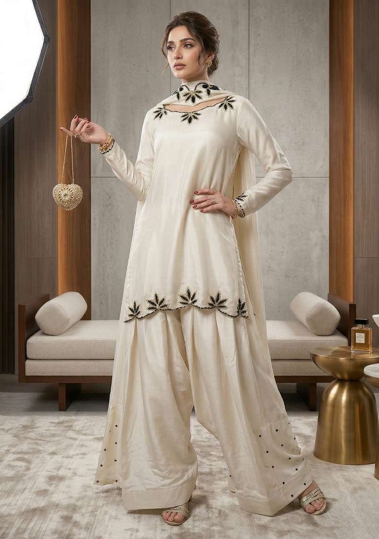 White Embroidered Crepe Sharara Set - Indya