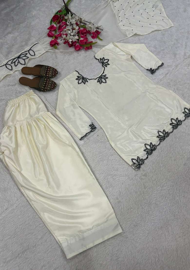 White Embroidered Crepe Sharara Set - Indya