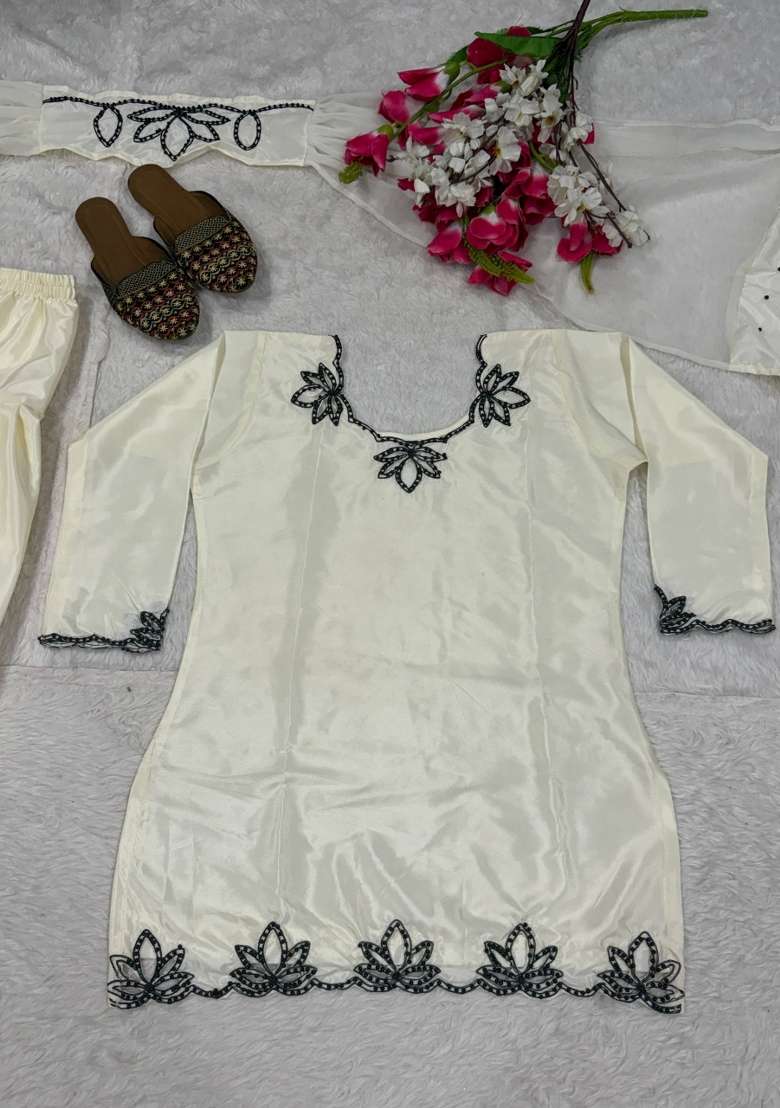 White Embroidered Crepe Sharara Set - Indya