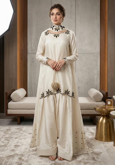 White Embroidered Crepe Sharara Set