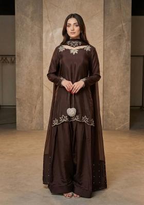 Brown Embroidered Crepe Sharara Set