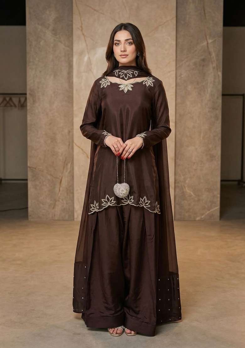 Brown Embroidered Crepe Sharara Set - Indya