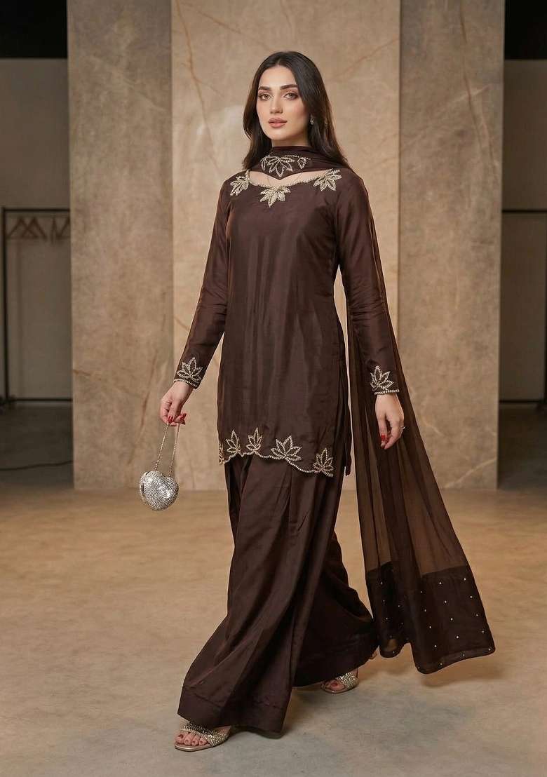 Brown Embroidered Crepe Sharara Set - Indya