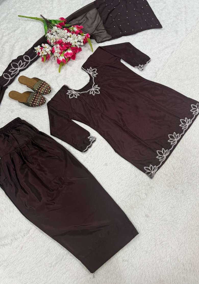 Brown Embroidered Crepe Sharara Set - Indya