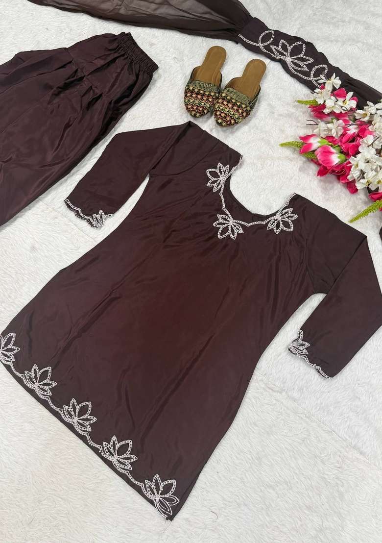 Brown Embroidered Crepe Sharara Set - Indya