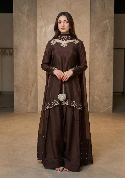 Brown Embroidered Crepe Sharara Set
