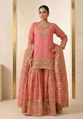 Peach Embroidered Silk Sharara Set