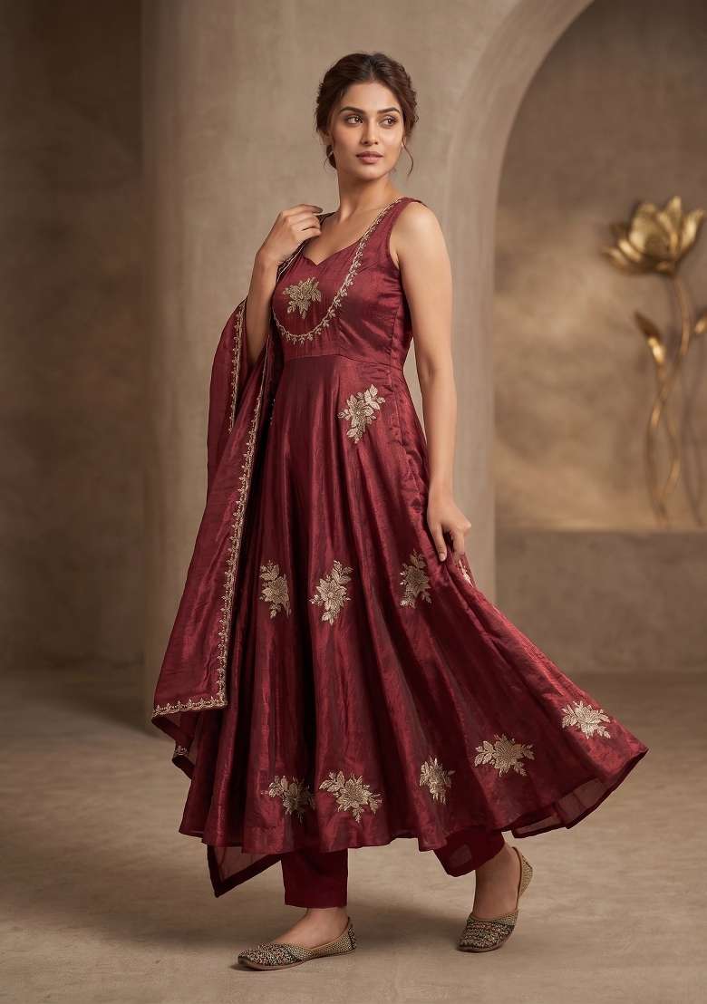 Maroon Embroidered Silk Sharara Set - Indya