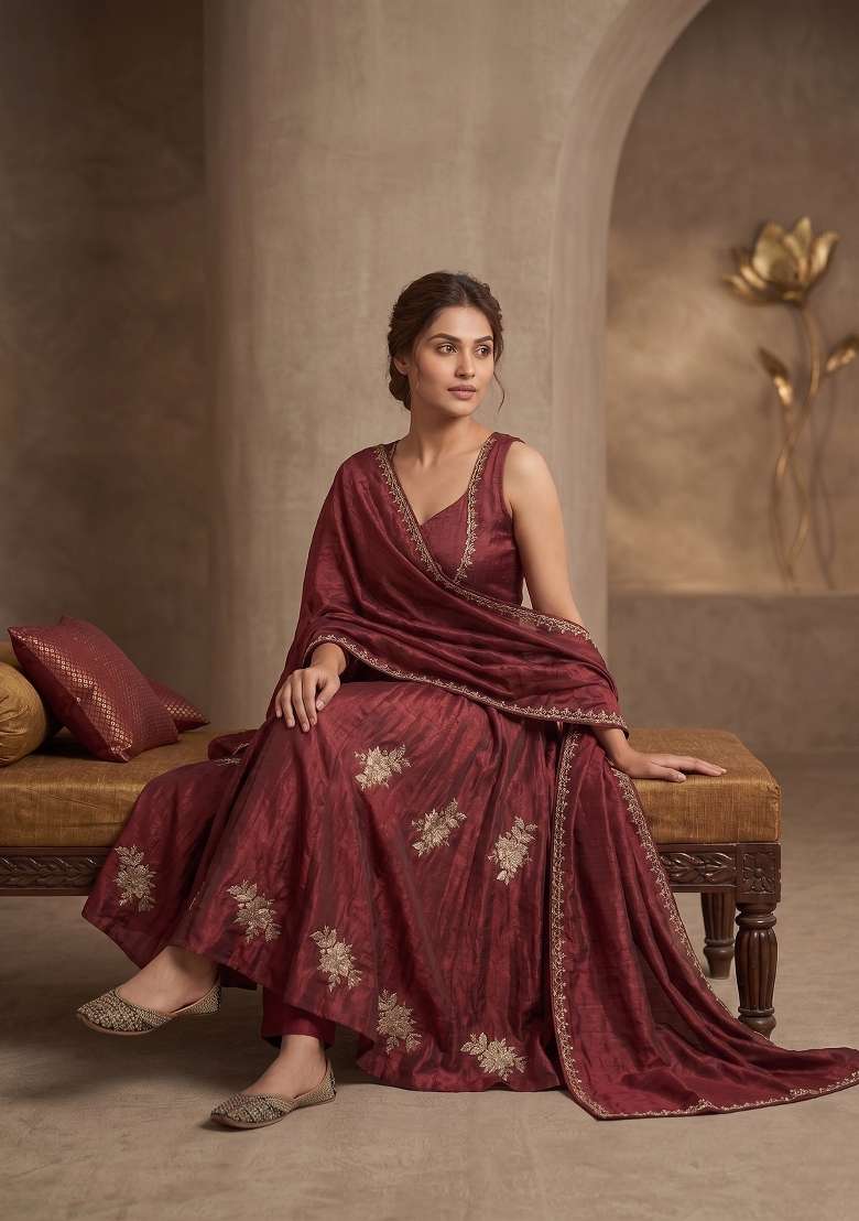 Maroon Embroidered Silk Sharara Set - Indya