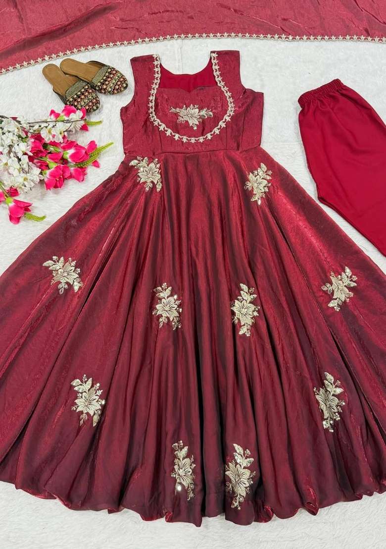 Maroon Embroidered Silk Sharara Set - Indya