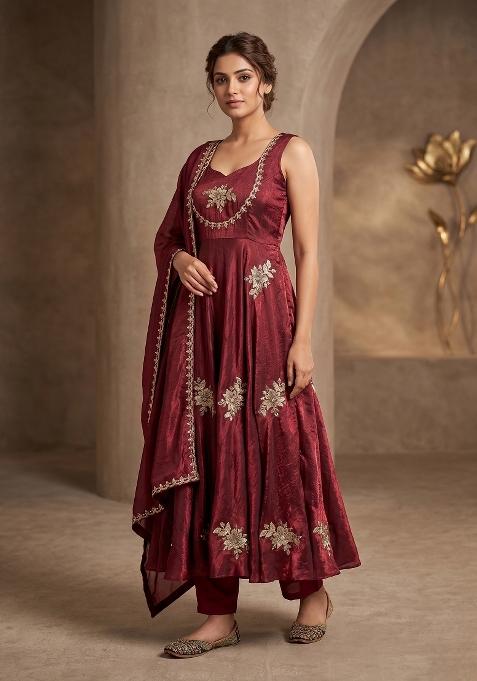 Maroon Embroidered Silk Sharara Set