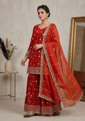 Orange Embroidered Silk Sharara Set