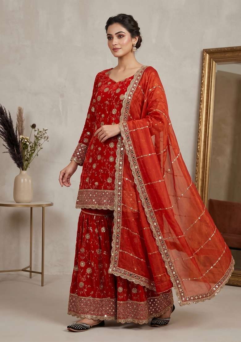 Orange Embroidered Silk Sharara Set - Indya